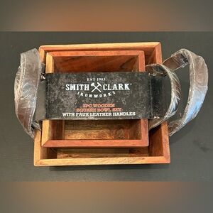 Smith Clark Ironworks 2pc Wooden Bowl Set w/Faux Leather Handles | NWT